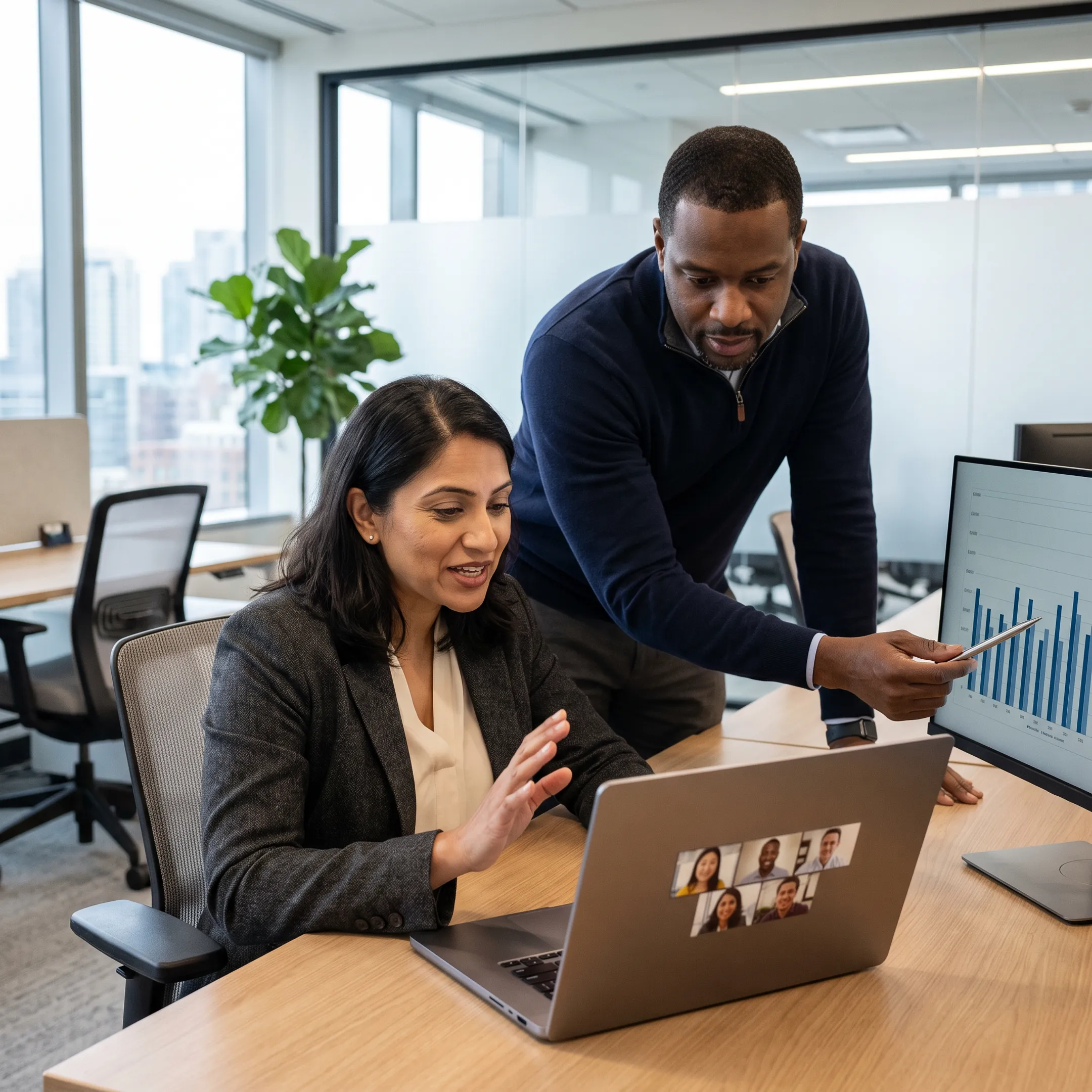 Remote staffing team collaborating across laptops during a virtual business meeting