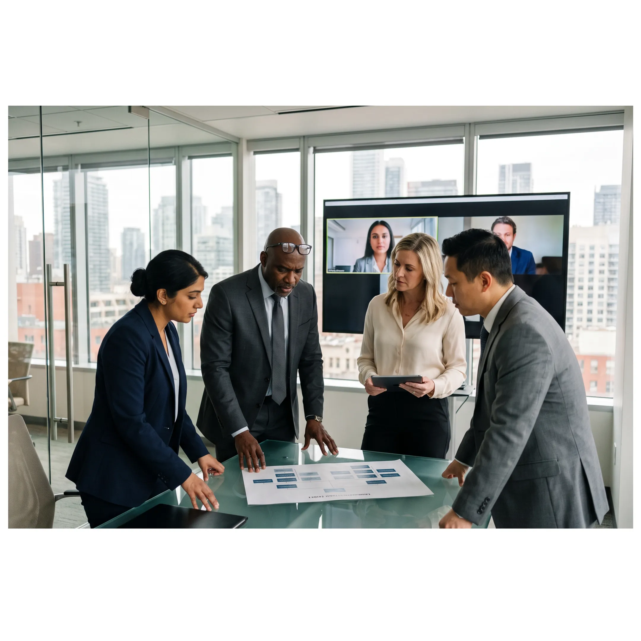Business team collaborating with offshore staffing professionals through a video meeting