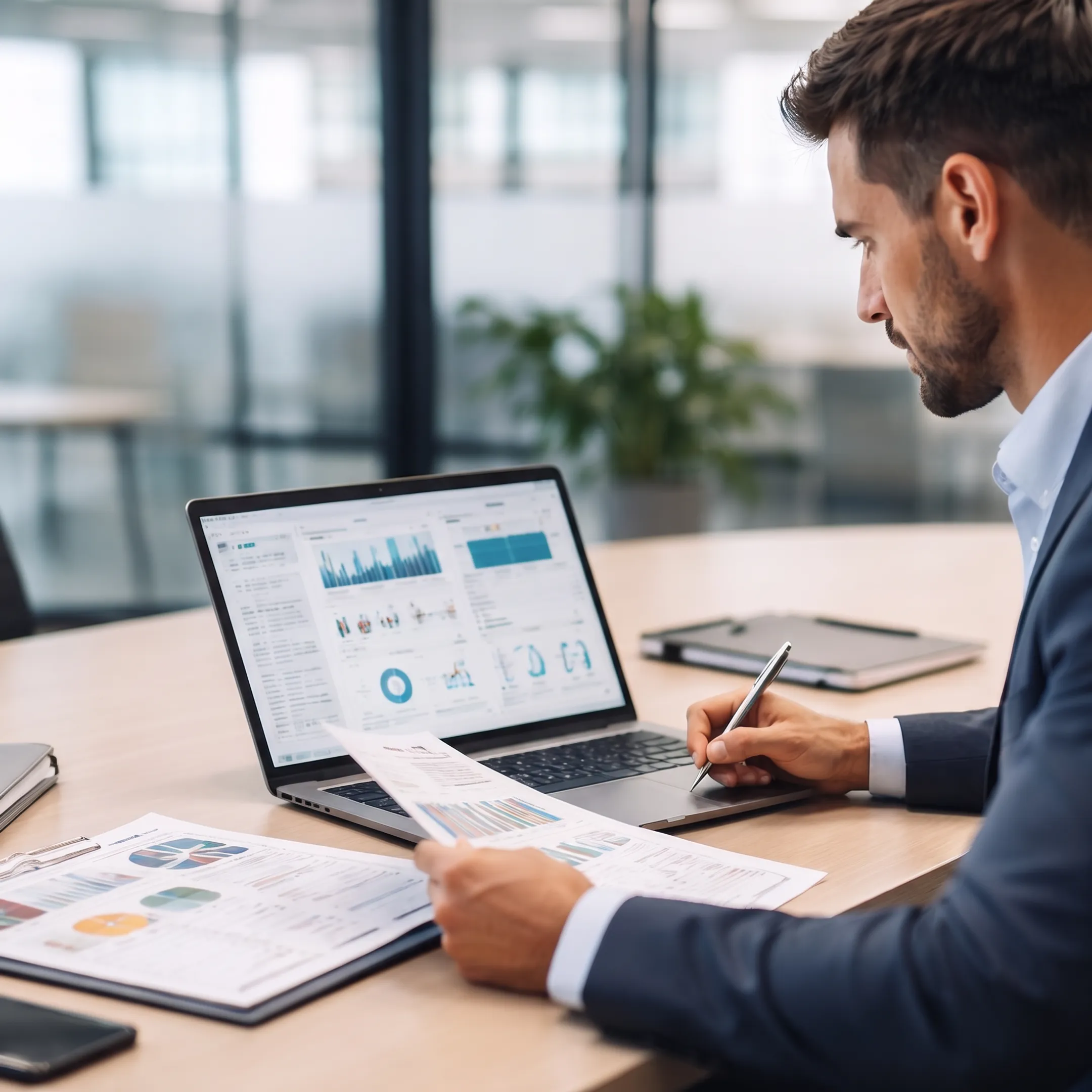 Accounting specialist analyzing organized financial reports on a laptop