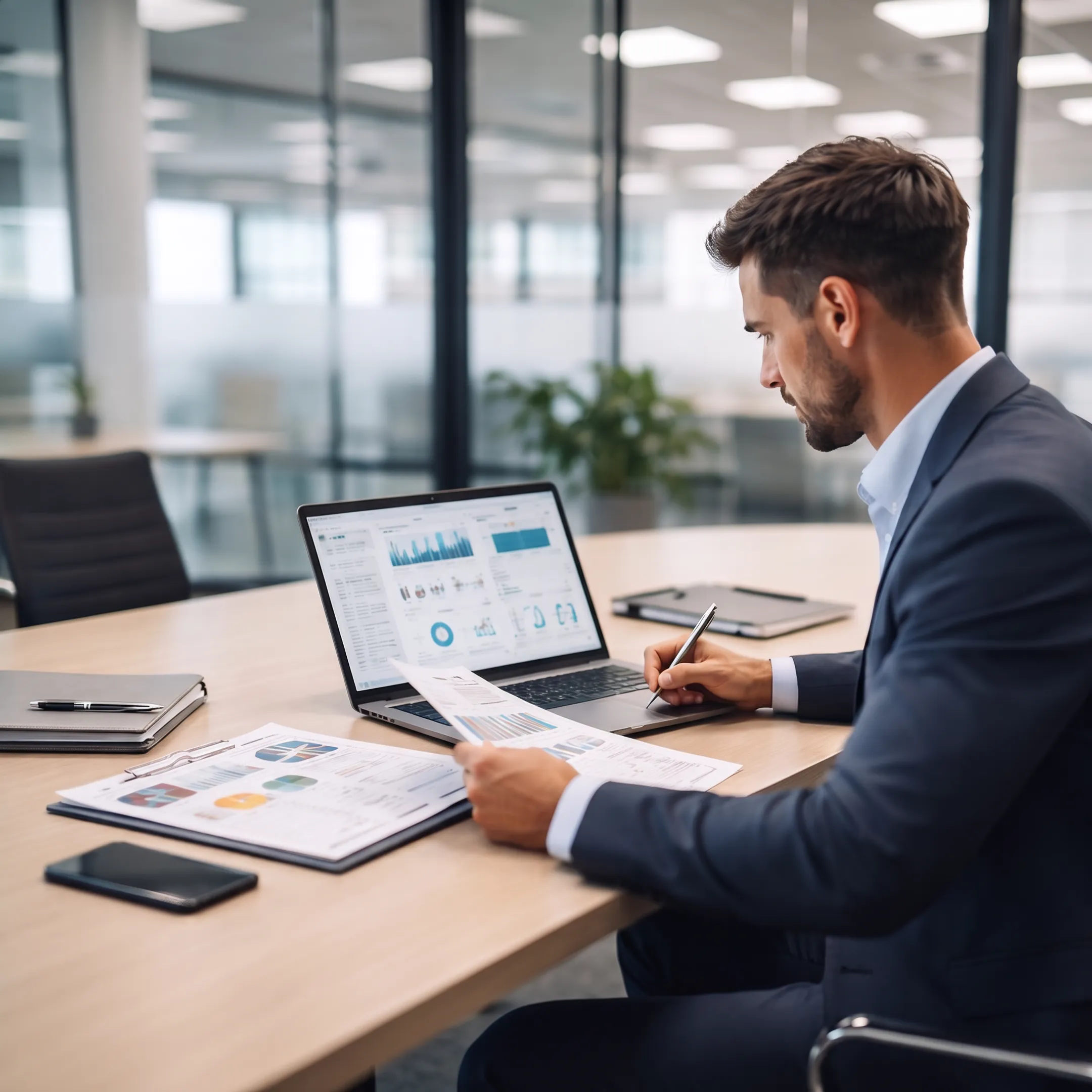 Accounting professionals reviewing financial reports and bookkeeping records in a modern office