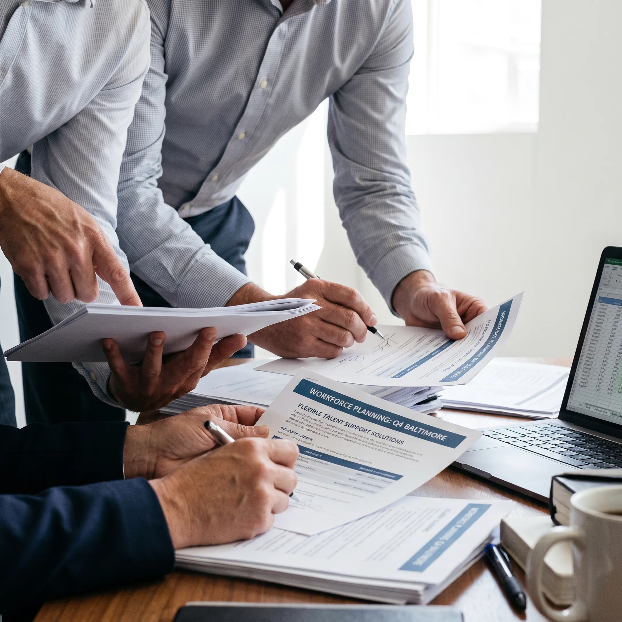 Business leaders reviewing a flexible staffing strategy with consultants