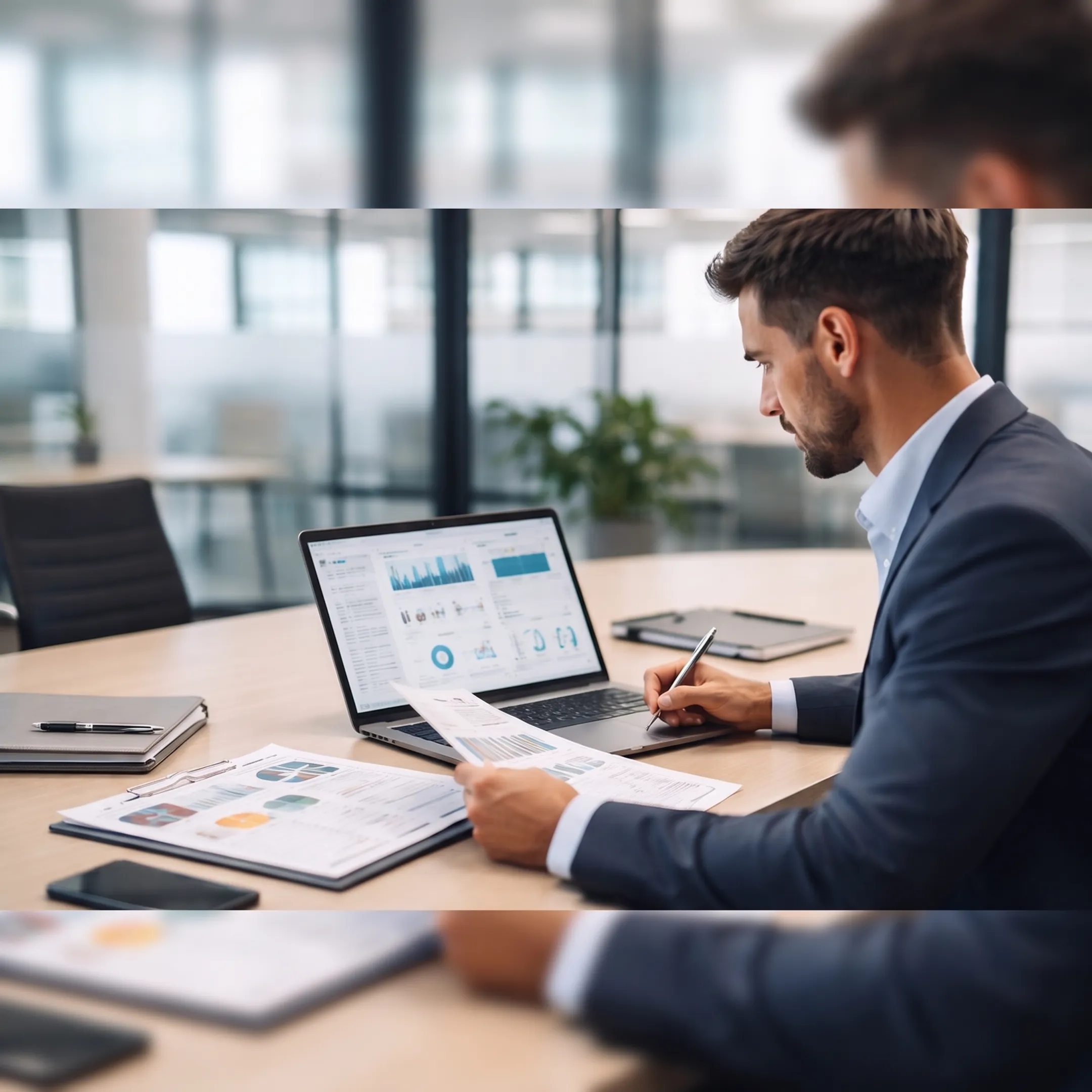 Bookkeeper reviewing financial reports beside a laptop in a professional office