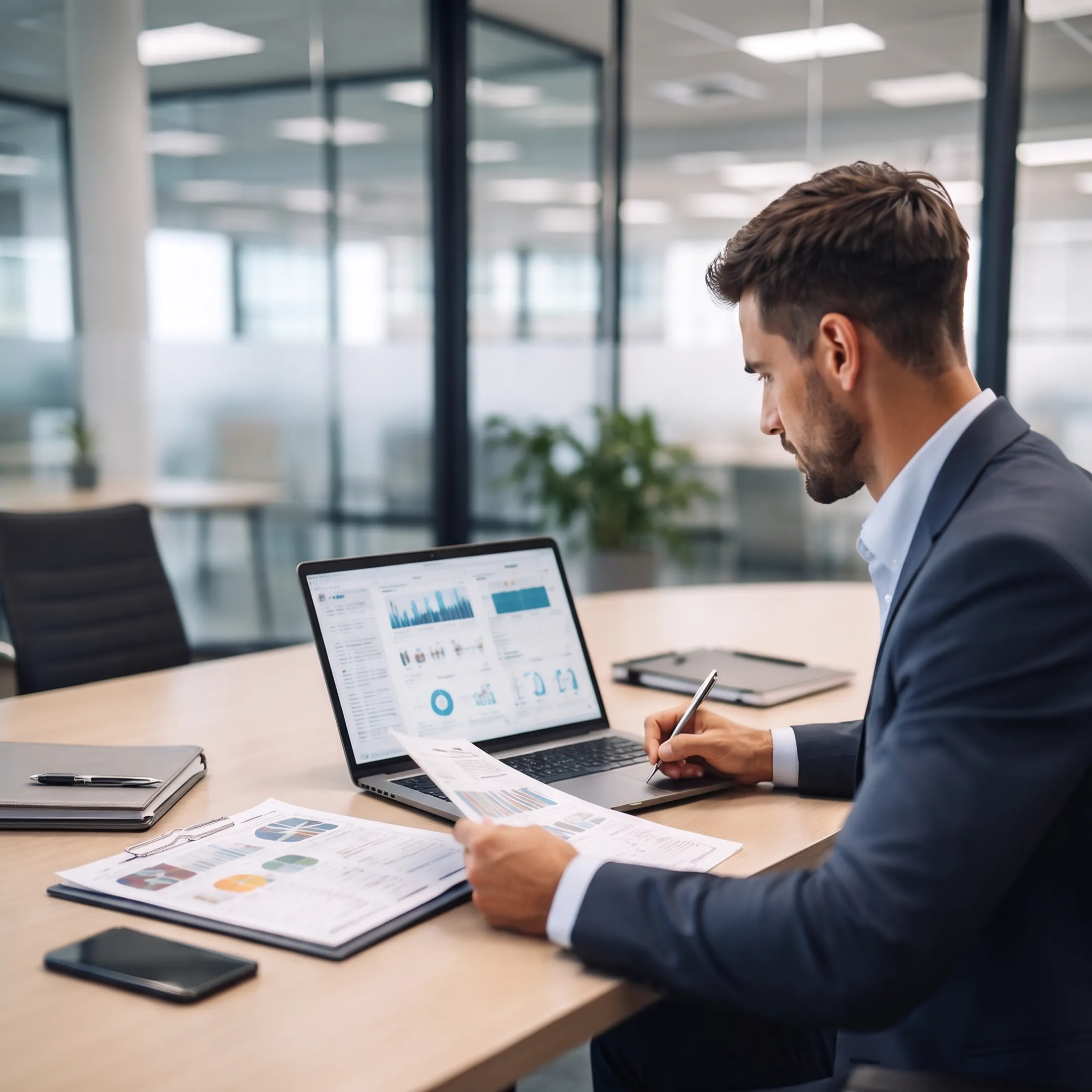 Accounting professional reviewing small business payroll records at a desk