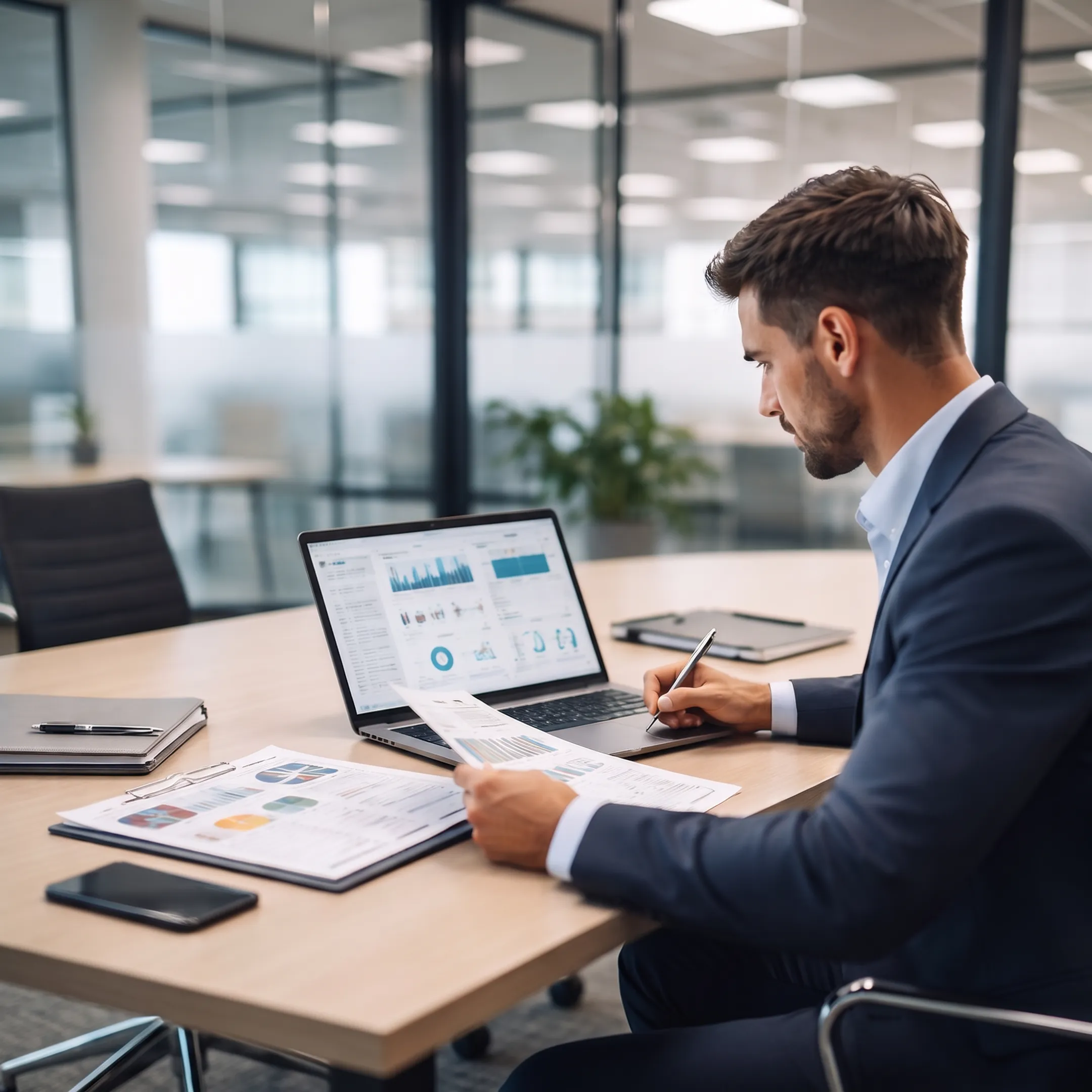 Accounting professional reviewing bookkeeping and tax documents at a business workstation
