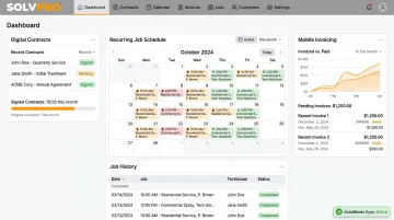 SolvPro dashboard showing digital contracts recurring scheduling and mobile invoicing