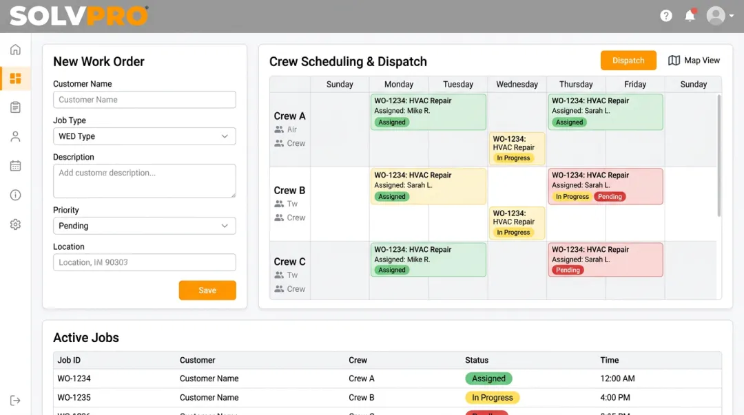 SolvPro platform dashboard showing digital work orders and crew scheduling