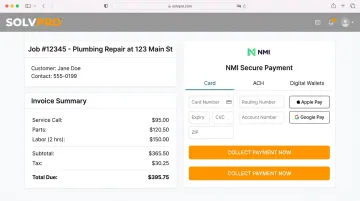 SolvPro platform dashboard displaying built-in invoicing and payment processing interface
