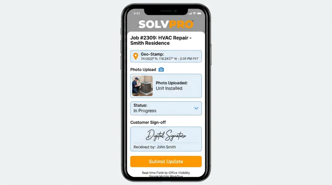 SolvPro mobile app screen showing geo-stamped job status update