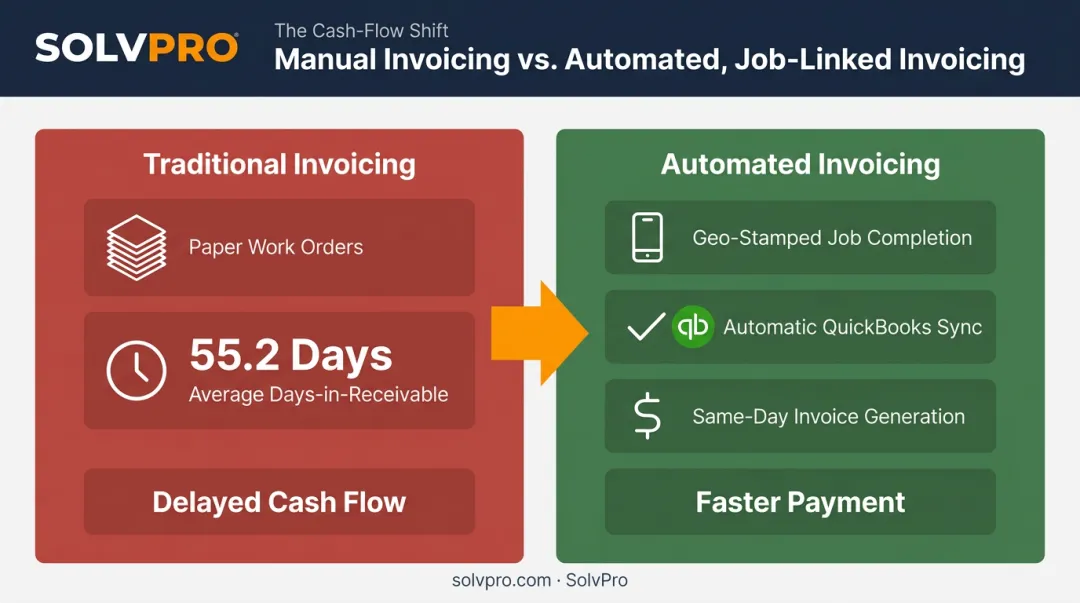 Infographic comparing traditional invoicing delays versus automated job-linked invoicing speed
