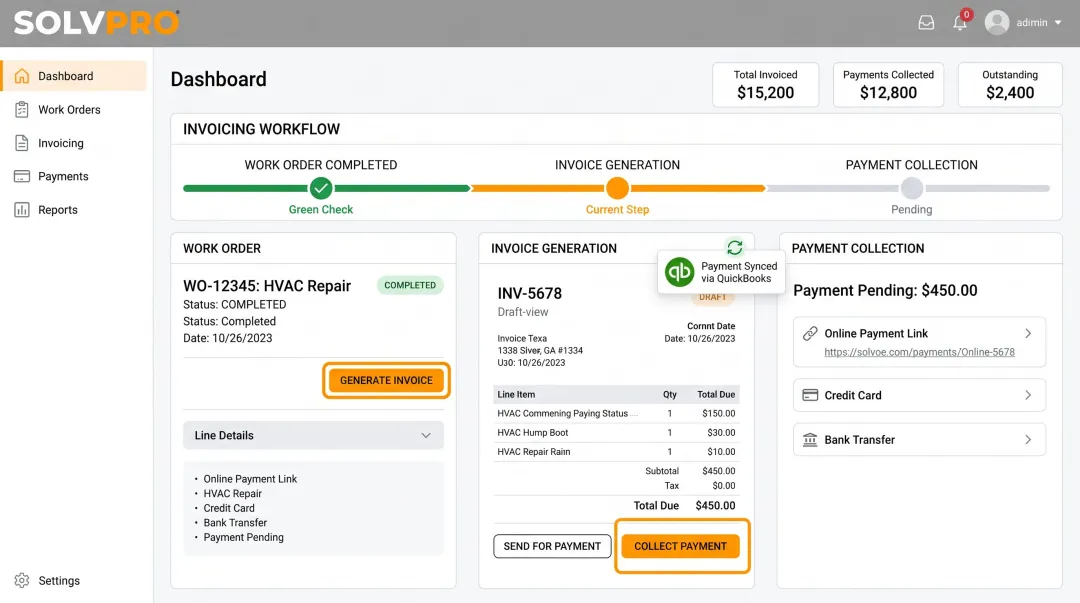 SolvPro dashboard invoicing screen showing completed job payment collection workflow
