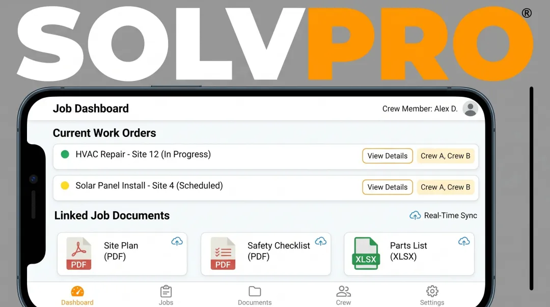SolvPro mobile app interface displaying work orders crew assignments and job documents