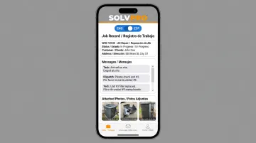 SolvPro mobile app interface displaying bilingual English Spanish job details