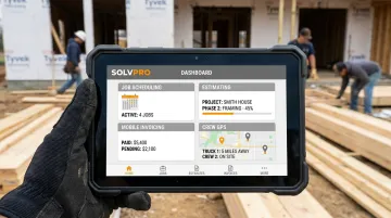 SolvPro mobile app dashboard showing scheduling invoicing and GPS crew tracking