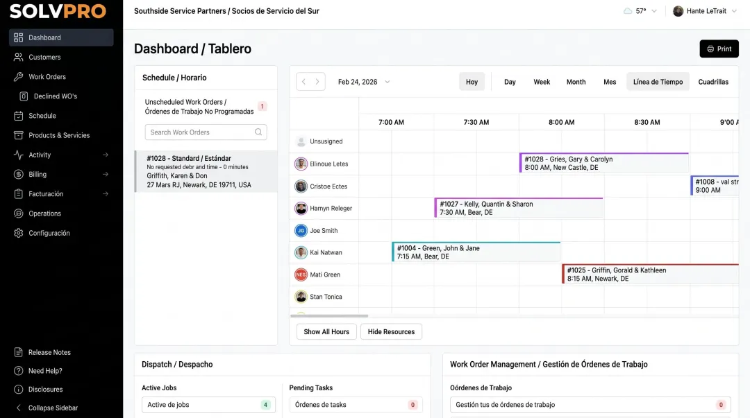 SolvPro field service management dashboard showing scheduling dispatch and job management interface