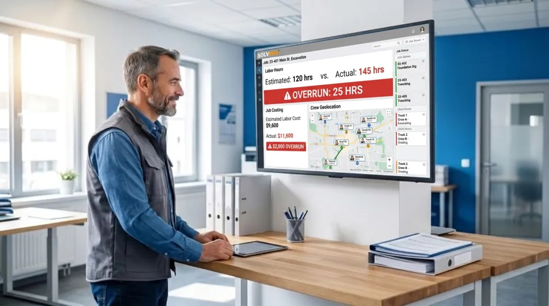 SolvPro job costing dashboard tracking real-time labor hours against estimate