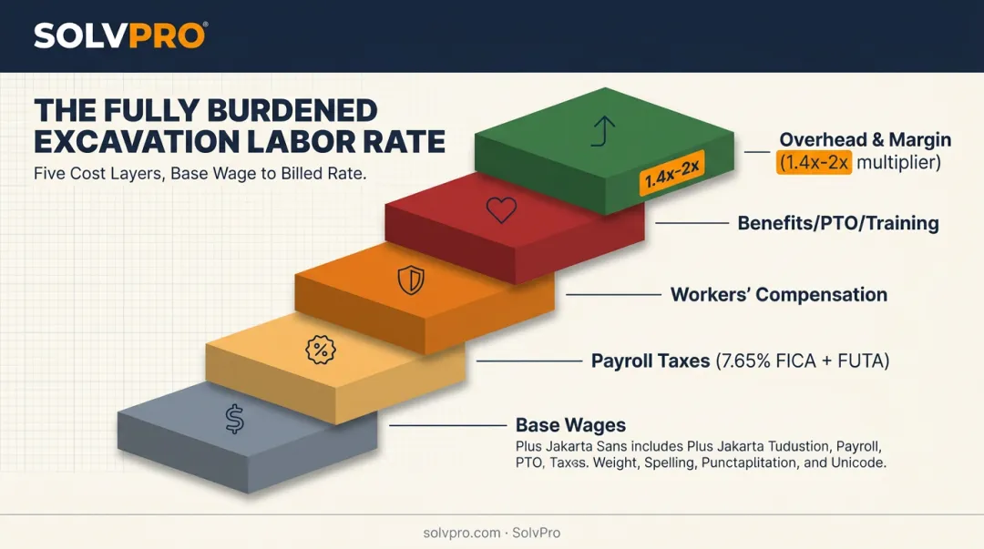 Five-layer excavation labor burden cost stack breakdown diagram