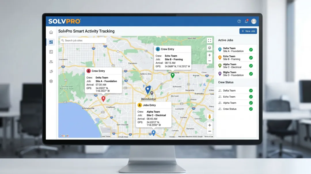 SolvPro Smart Activity Tracking dashboard showing crew GPS check-ins and job-level time entries