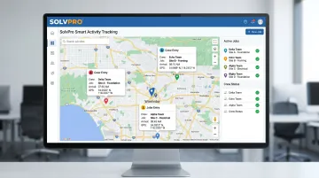 SolvPro Smart Activity Tracking dashboard showing crew GPS check-ins and job-level time entries