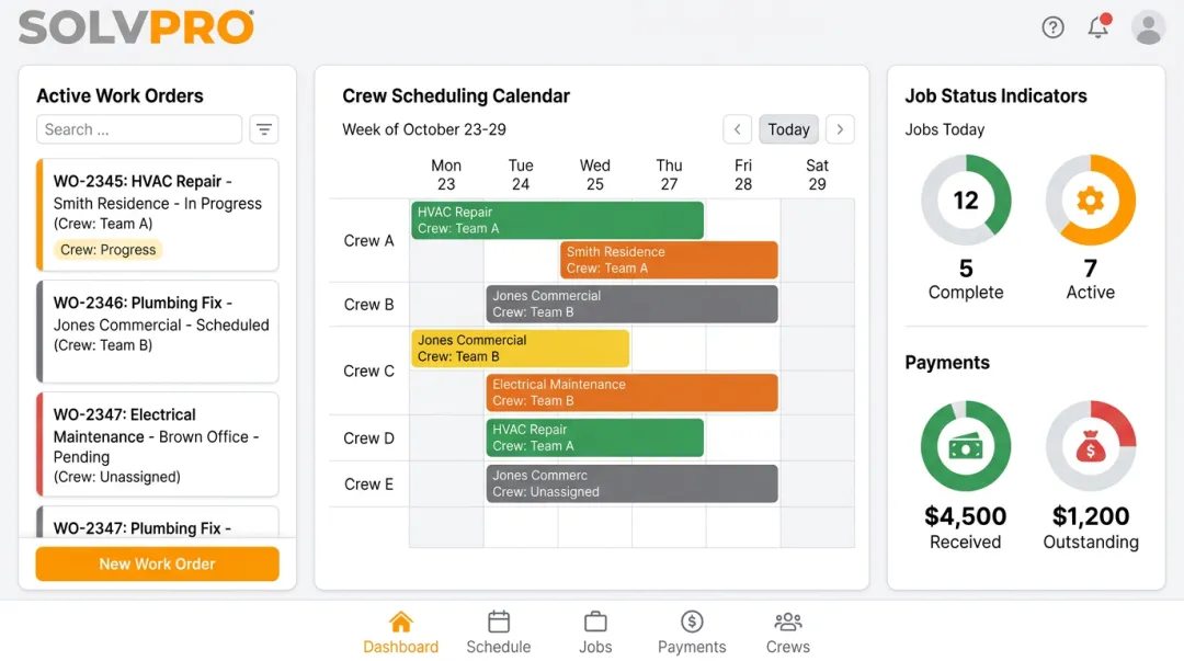 SolvPro field service management dashboard showing work orders and crew scheduling