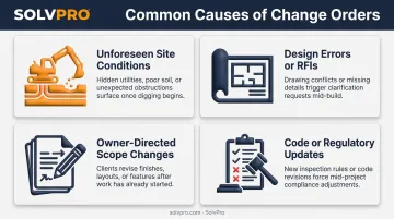 Four common causes and triggers of construction change orders infographic