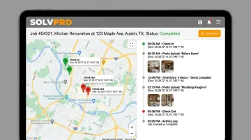 SolvPro job tracking dashboard showing geo-stamped time entries and photos