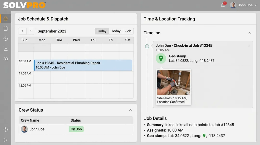 SolvPro platform dashboard showing geolocation time tracking and job dispatch