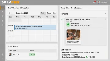 SolvPro platform dashboard showing geolocation time tracking and job dispatch