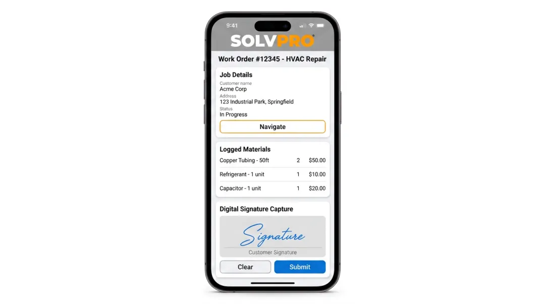 SolvPro mobile field service app displaying work order and digital signature capture