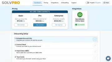 SolvPro platform dashboard showing pricing tiers and onboarding features