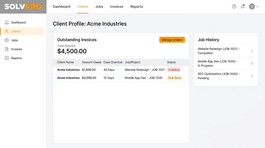SolvPro client profile dashboard showing job history and outstanding invoice balances