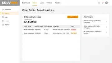 SolvPro client profile dashboard showing job history and outstanding invoice balances