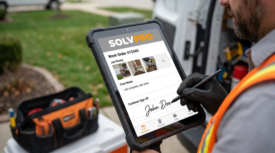 SolvPro mobile app displaying digital work order with photo documentation