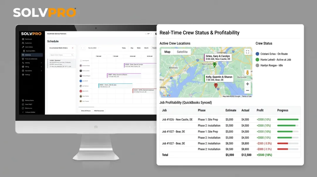 SolvPro dashboard displaying crew scheduling job profitability and QuickBooks sync