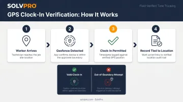 GPS geolocation clock-in verification process for field service job sites