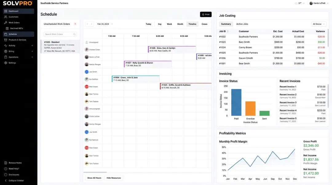 SolvPro field service software dashboard showing job costing and invoicing