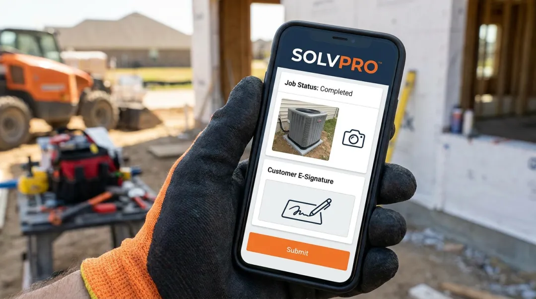 Field technician using mobile app to log job photos and signatures