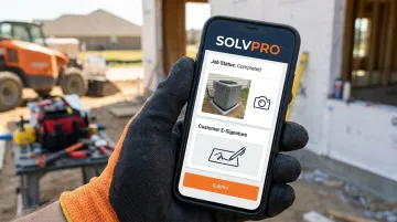 Field technician using mobile app to log job photos and signatures