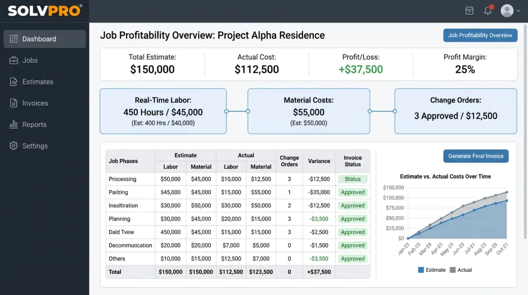 SolvPro job profitability dashboard showing real-time labor and cost tracking
