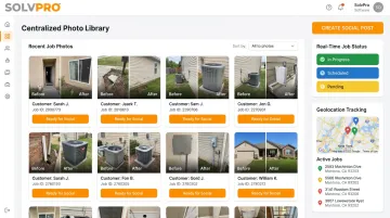 SolvPro dashboard displaying organized job photos and real-time status updates