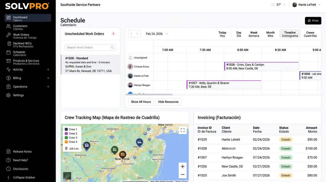 SolvPro janitorial software dashboard showing scheduling invoicing and crew tracking