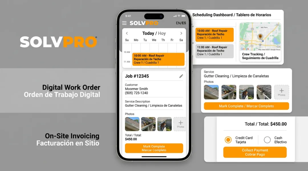 SolvPro mobile field service app dashboard displaying scheduling and invoicing