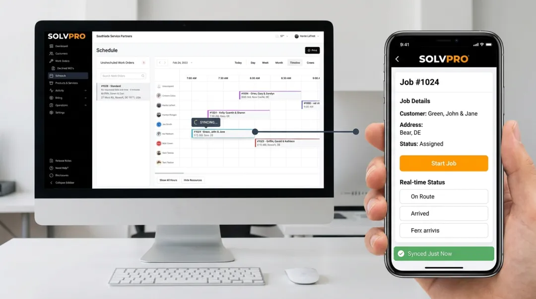 SolvPro mobile app showing live crew job status and drag-drop schedule