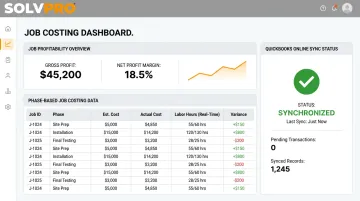 SolvPro platform dashboard showing job costing and QuickBooks Online sync