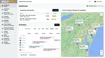 SolvPro dashboard displaying invoicing scheduling and crew tracking tools