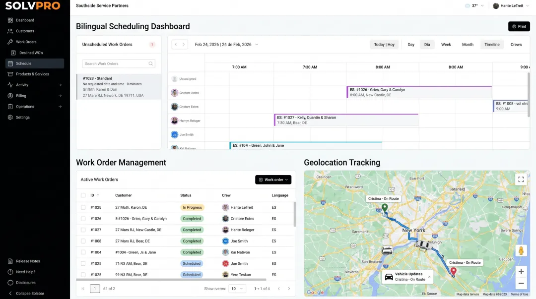 SolvPro field service platform bilingual dashboard with job scheduling and crew tracking