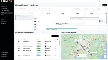 SolvPro field service platform bilingual dashboard with job scheduling and crew tracking