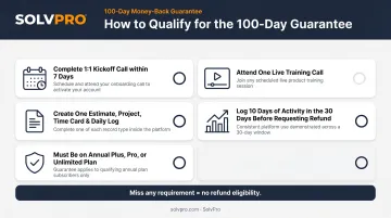 Contractor Foreman 100-day money back guarantee qualification requirements checklist infographic