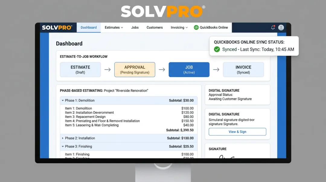 SolvPro platform dashboard showing estimate approval and job conversion workflow