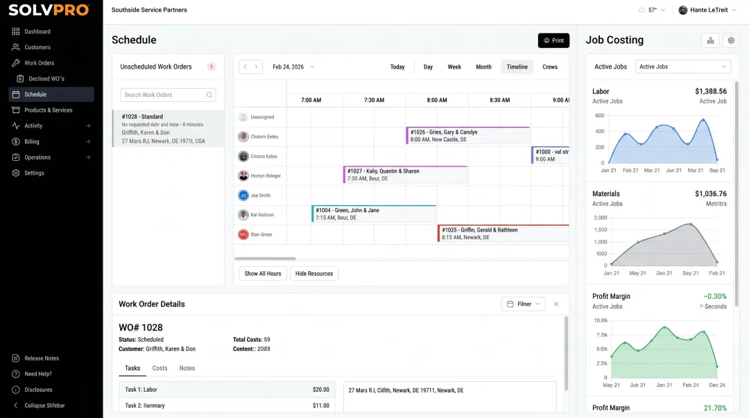 SolvPro field service management dashboard showing scheduling crew tracking and job costing