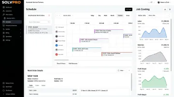 SolvPro field service management dashboard showing scheduling crew tracking and job costing